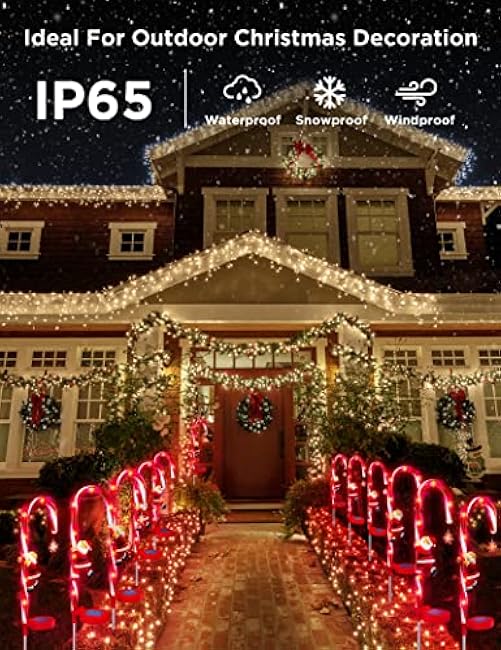 Solar Christmas Decorations Candy Cane Lights, Solar Xmas Pathway Markers Lights, Outdoor Decor Stake with Snowflowers & Santa, Constant & Flash Modes 8 LED Lights for Garden Patio Yard Lawn, 2 Pieces