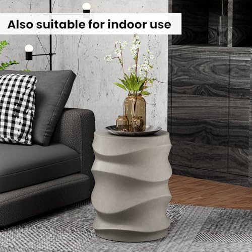 SUNBURY Outdoor Side Table, 18\" H Concrete Accent End Table Streamlined, Small Round Cement Plant Stands Table, Decorative Garden Stools for Backyard, Grey - Thumbnail 7