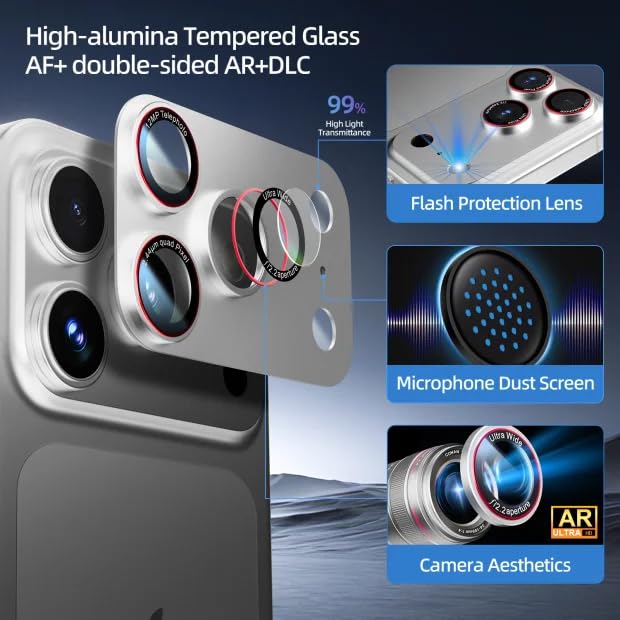 Image of HelloDeere 9H High-alumina Tempered Glass Camera Lens Protector for iPhone 17 Pro Lens , Military-Grade Shatterproof with Strong Adsorption, Full Coverage Case-Friendly Cover (Silver, iPhone 17 Pro - 2 Pack)