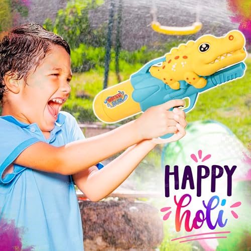 Image of Zest 4 Toyz Holi Pichkari Water Gun for Kids High Pressure Spray Get Holi Combo 1 Pkt Holi Color and 100 Balloons for Holi Celebration Boys and Girls (Crocodile Themed)-Assorted
