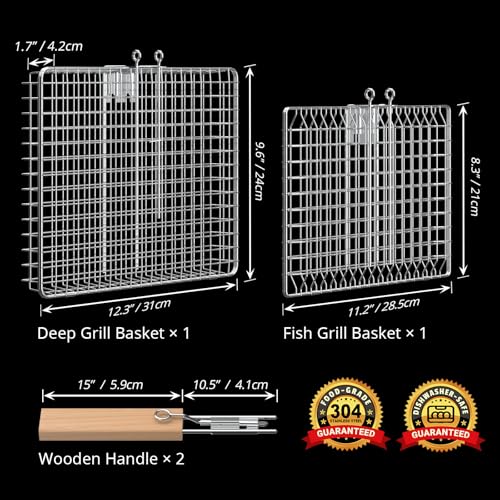 ivtivfu Fischgrillkorb-Set, Abnehmbarer Holzgriff, Edelstahl 304, Outdoor Küche Grill Zubehör für Gemüse Garnelen, Garten Camping Gasgrill, Geschenke Geburtstagsgeschenk für Männer Ehemann Papa 2