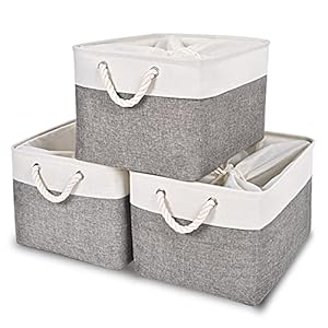 HOdo Home Fabric Storage Bin with Drawstring Closure and 2 Bold Handles, Collapsible Large Canvas Storage Baskets for Organizing Shelf Nursery Home Closet (White&Grey, 15.8L×11.8W×9.5H – 3Pack)