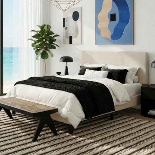 SHA CERLIN Boucle Upholstered Full Size Bed Frame Cream