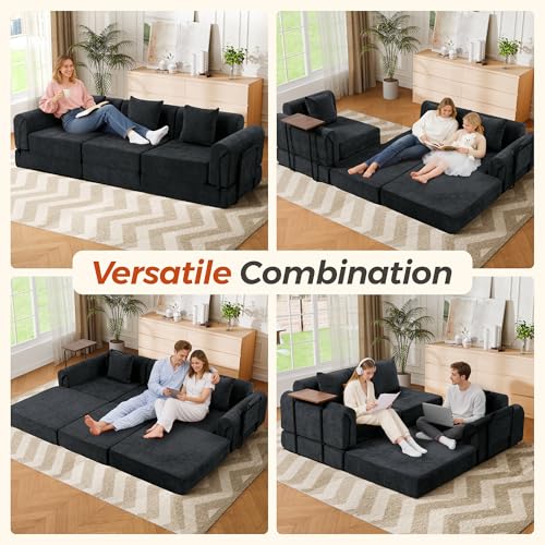Image of 100 inch Oversized Convertible Sleeper Sofa Bed, Modular Sectional Cloud Sofa with Fixed-Shape Frame & Tabletop, Boneless Couch with Storage Pocket for Living Room, No Assembly Required, Black