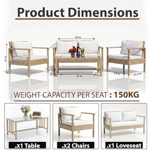 Image of BRISHI Outdoor Sofa Set || Balcony Sofa || Patio Furniture Sets || Indoor Sofa|| Wicker Rattan Garden Sofa Set with Cushion and Center Table, 4 Seater (White-Beige)