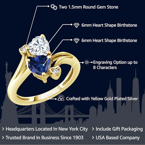 Gem Stone King 18K Yellow Gold Plated Silver Promise Customized Personalized and Engraving 2 Gemstone Birthstone For Her Heart Shape Name Engraved Engagement Ring For Women2