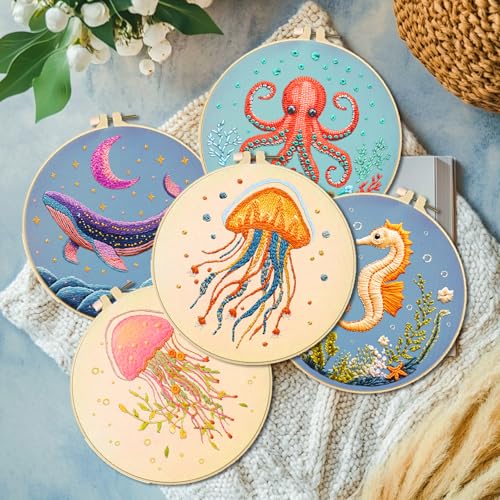 Image of ACRNIGHEET 6PCS Embroidery Kit for Adults Beginners, Sea Animals Embroidery Starter Kit, Stamped Cross Stitch Kits for Crafts Lovers Gift Idea, Include Instructions 6 Stamped Embroidery Cloth 2 Hoop