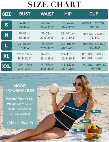 CMTOP Badeanzug Damen Bauchweg V Ausschnitt Einteiliger Badeanzüge Pushup Schlankheits Bademode One Piece Rüschen Bauchkontrolle Schwimmanzug Ruched Swimsuit Strandmode mit Bügel(Pfauenblau,M) 5