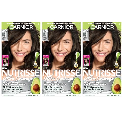 Garnier Nutrisse Ultra Coverage Hair Color, Permanent Hair Dye for Up to 8 Weeks of Stubborn Gray Coverage, Vegan & Cruelty-Free, 400 Deep Dark Brown (Sweet Pecan), 3 Count