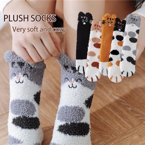 Cute Cat Paw Fuzzy Socks Set, 5 Pairs, Polyester, Assorted Colors，suitable for home wear, outdoor wear, cat's paw socks3