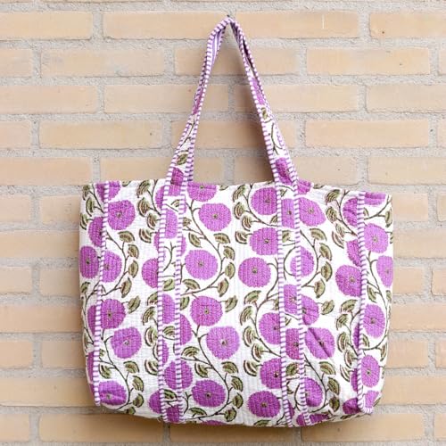 Image of YILLE Cotton Quilted Floral & Tiger Print Tote Bag, 18 x 18 inches For Grocery Shopping, Travel