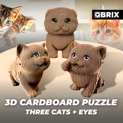 Image of QBRIX 3 Cats + Eyes 3D Puzzles for Adults, 3D Puzzles for Adults, 3D Model Kit for Teens, DIY Crafts for Home Decor, Original Gift for Boys&Girls 14+, Cardboard Model Building Kit