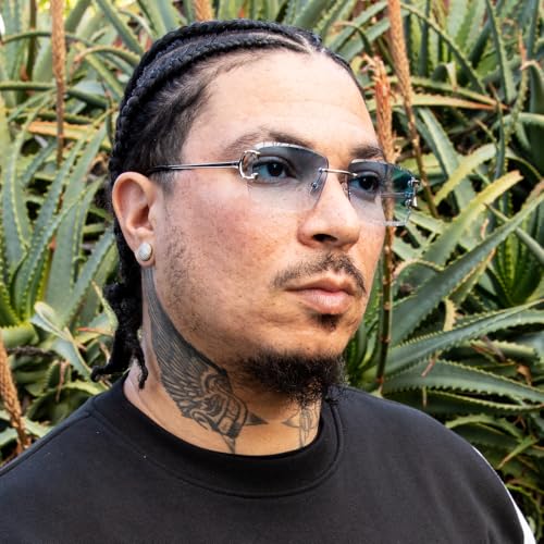 Rimless Gem Cut Unisex Square Trendy Retro 90's Hip Hop Hand Carved Sky Blue Gradient Tint Lens Silver Wire Frame Sun Glasses Frameless Rectangle Summer Shades Sunglasses For Men And Women3