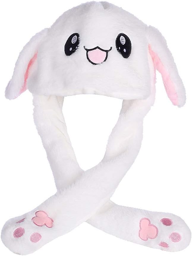 Rabbit Hat Plush Animal Ear Hat Moving Ears Pressing with Airbag Cap for Cosplay Plush Attractive Toys Birthday Gift Bunny Hat (white)