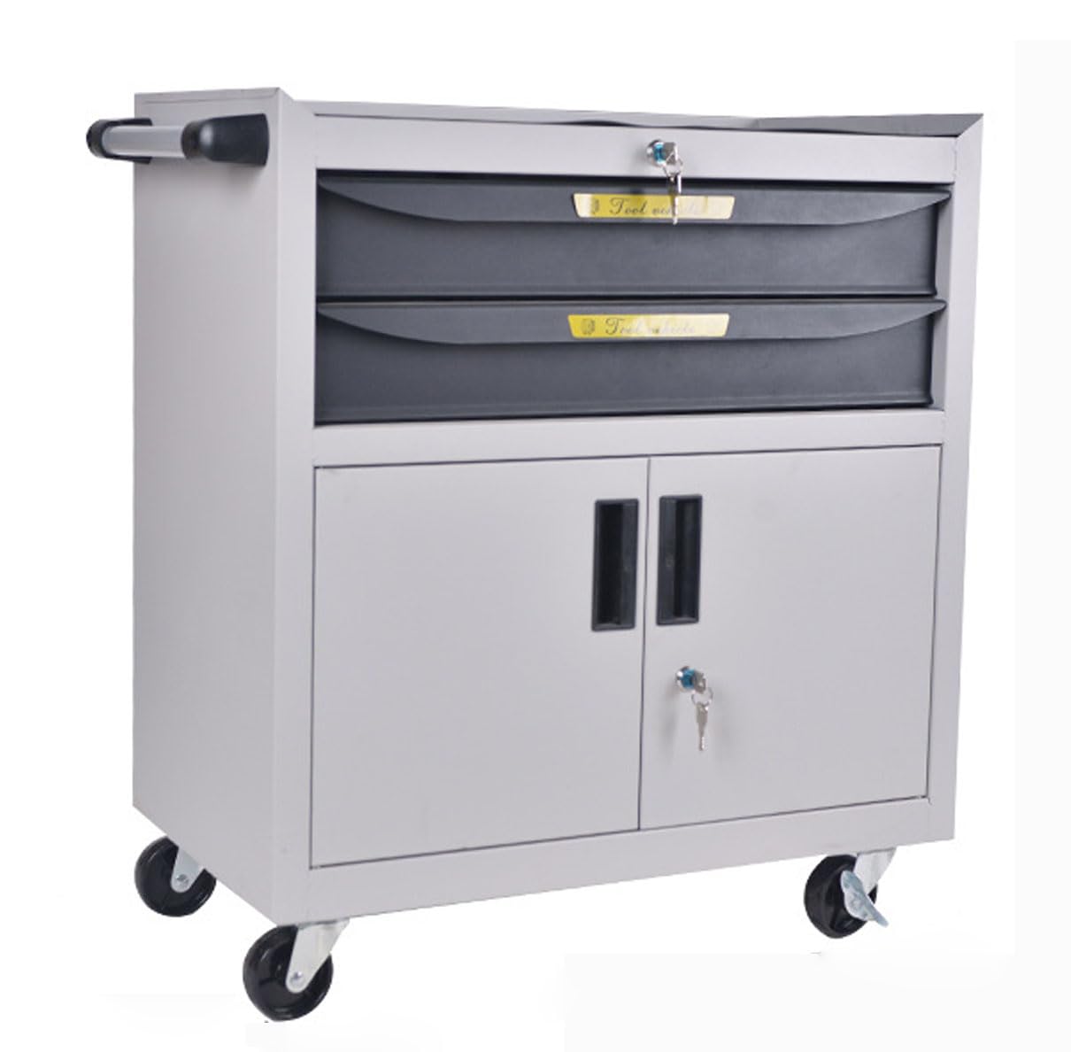 Heavy Duty zamykana szafka na narzędzia na kółkach z 2 szufladami i aluminiowym uchwytem o pojemności 220 lbs (biała)