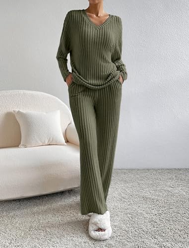 Women Two Piece Lounge Set Fall Winter Pajama Sets Long Sleeve Tracksuit Loungewear Ribbed Knit Sweater Sleepwear4