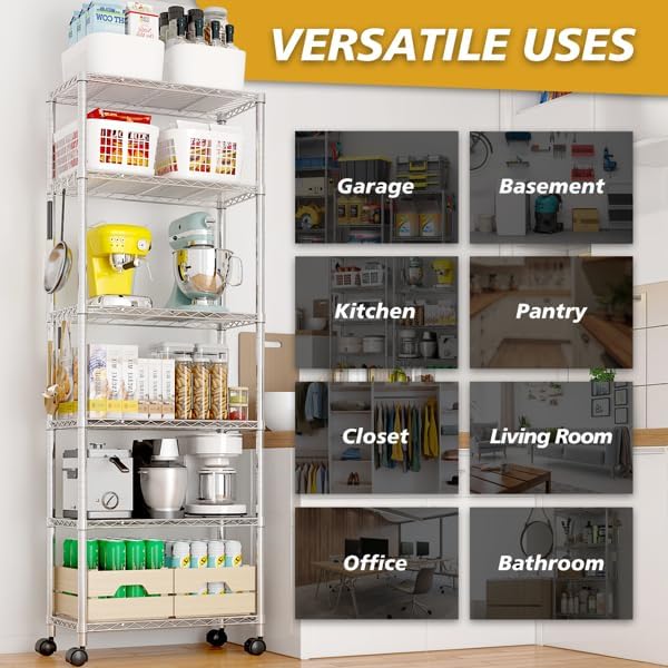 Heavy duty carbon steel wire shelving unit with wheels and leveling feet, 6 tier adjustable rack for garage pantry.
