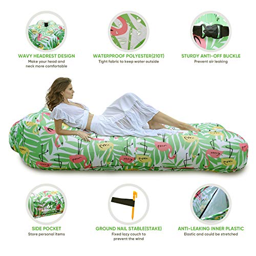 Myuilor Lounger Chair Air Sofa Couch Inflatable Hammock Ergonomic Beach Bed Waterproof Anti-Air Leaking for Camping Hiking Travel Beach Picnic Lakeside, No Pump Required (Green)