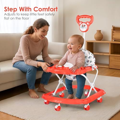 Image of BabyGo Tintin Baby Walker for 6-24 Months, Baby Walker with Push Handle & Activity Tray - Foldable Adjustable Height Infant Walker with Wheels, Music,Toy Bar and Comfotable seat (Red)