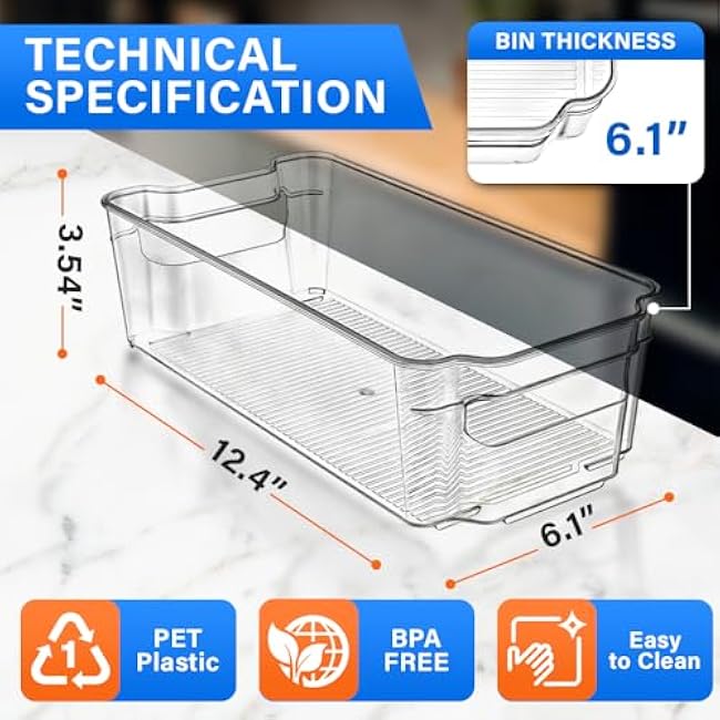 Multi-Purpose Refrigerator Bins - 4 Pieces Usable And Stackable Design Fridge Bin Organizer With Easy Grip Handles - Clear