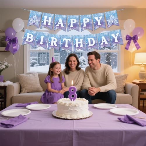 Image of Frozen Happy Birthday Banner - Winter Snowflake Garland Bunting for Winter Wonderland Birthday Christmas Party Decoration Supplies Girls Princess