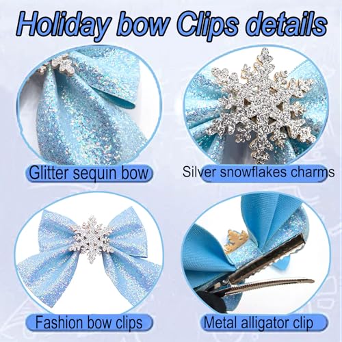 Pinzas para el cabello con lazo de copo de nieve azul para mujeres y niñas – Clips de aligátor con brillo para Navidad, accesorios festivos para el cabello, 2 unidades miniatura 4