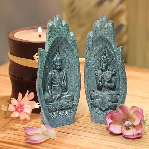 Estatua decorativa budista de resina con acabado verdigris miniatura 2