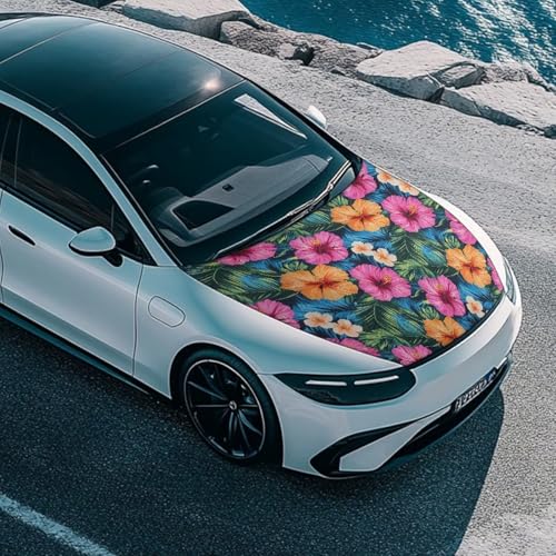 Image of Colorful Hibiscus Flowers Leaves Car Hood Cover, Car Bonnet Banner, Universal Fit, Elastic Polyester, Stretchable, Waterproof Automotive Hood Covers,Car Accessories