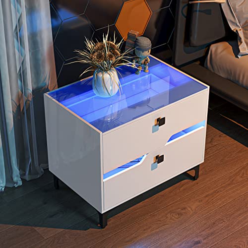 Uliyati Mesita de Noche, 69x50x40 cm, con Tira de Luz LED, con 2 Cajones de Gran Capacidad Mesita de Noche de Estilo...