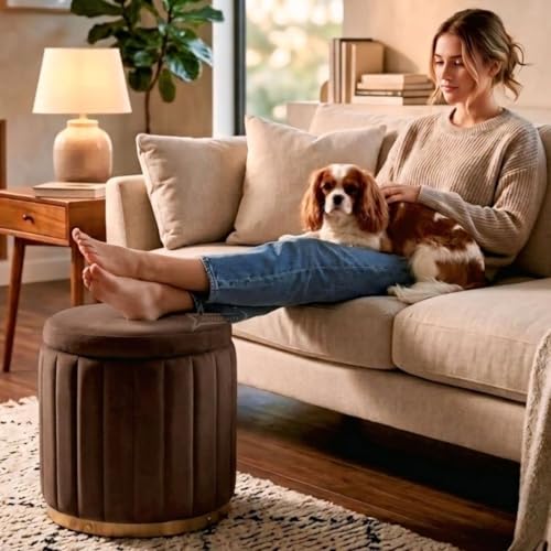 Image of Superior Round Storage Ottoman Stool 13 X 13X 16 inch, with Gold Metal Base | Elegant Pouffe with Secret Storage | Cushioned Footrest for Living Room, Bedroom, and Lounge Brown