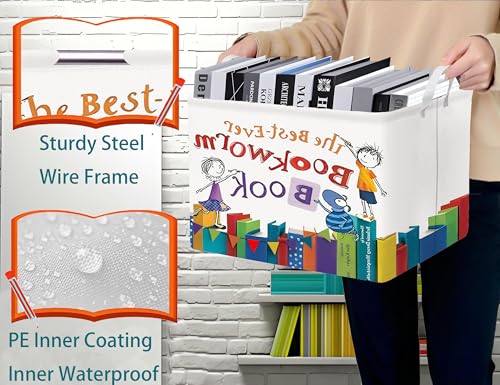 Image of Large Kids Book Storage Bin Collapsible Nursery Toy Basket Canvas Teacher Crate Room Classroom Box Organizer Decor(Color Book)