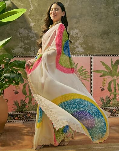 Image of SIRIL Women's Chiffon Scalloped Border Sequins Embroidery Saree with Unstitched Blouse Piece