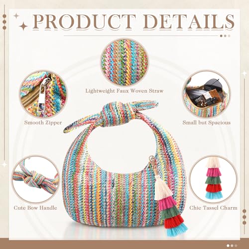 Image of Abbylike Knotted Straw Clutch Purse with Tassels Summer Beach Bag Bow Dumpling Evening Handbag for Women Beach Party Travel
