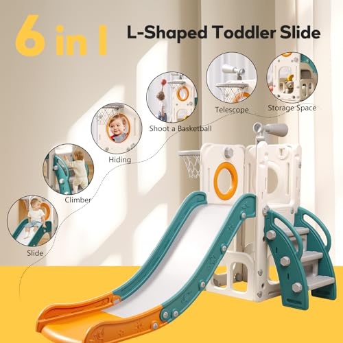 6 in 1 Toddler Playset with Slide,Toddler Slide,Slide for Kids with Basketball Hoop,Ball,Ring Toss,Kids Slide Toddler Playground Toddler Slide Indoor Outdoor Toys