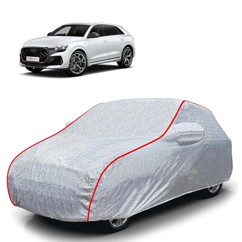 Image of Sulfar 100% Waterproof Car Body Cover Compatible with Mirror for Audi RS Q8 (Triple Stitched, Full Bottom Elastic, Magic Silver with Red Piping)