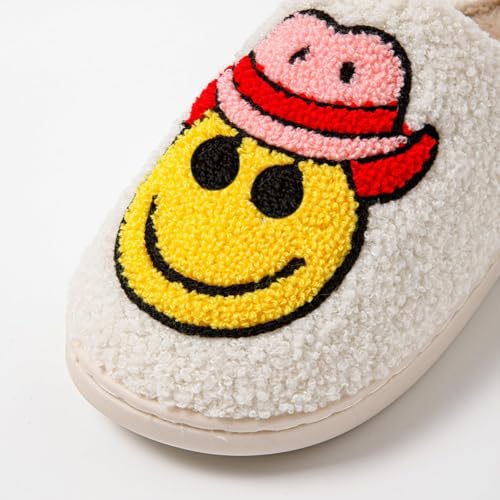 Smiley Face Slippers for Women,Mukinrch Retro Cute Cowboy Happy Face Slippers Men,Comfy Memory Foam Preppy Slippers Warm Plush Cozy Slip-On Indoor Outdoor Fluffy House Slippers for Men Women2