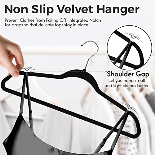 Techzoo 50 Pack New Premium Quality Velvet Hangers Ultra Thin Non Slip Adult Felt Space Saving Hangers For Closet Heavy Duty Coat Pants Jackets Dress Hangers 360° Swivel Hook Hold Upto 10 Lbs Black #TOP7