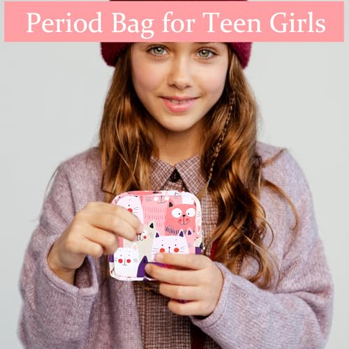 Image of Portable First Period Pouches for Teen Girls, 2pcs Period Bag Feminine Pouch for Sanitary Napkin Small Tampons, Sanitary Pad Storage Bag, Holder Tampon Bags for Girls Ladies Women (Cat)