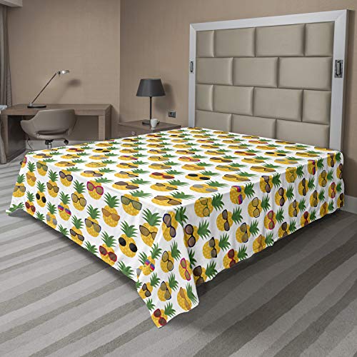 Ambesonne Tropical Flat Sheet, Pineapples Wearing Sunglasses Funny Arrangement with Exotic Fruits Illustration, Soft and Comfortable Top Sheet Decorative Bedding 1 Piece, Full Size, Multicolor