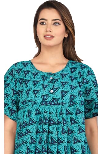 Image of Kuruti B Sheets Cotton Nighty for Women Jaipuri Print 2 Button Round Neck Short Sleeve Night Gown | Maxi Dress