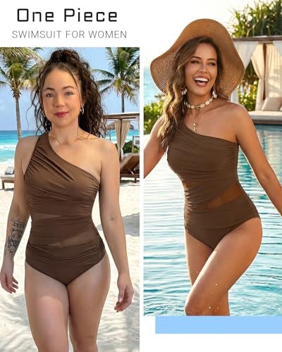 Image of Womens One Shoulder One Piece Swimsuit Mesh Ruched Tummy Control Swimwear | Full Coverage Bottom, Adjustable Strap Custom Fit, Removable Cups, Cutout Mesh Inserts, Slimming Ruched Effect, Vacation
