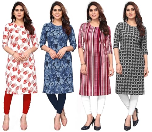 Image of JAKHANA Women's Crepe Printed Casual Straight Calf Length Round Nick Kurta Pack of 4
