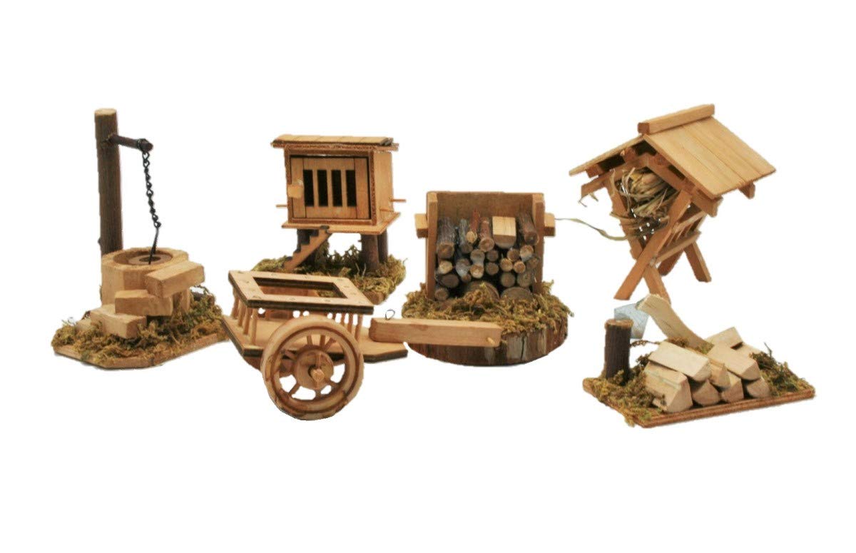 Unbekannt Großes Krippenset Holzhaus 80cm + Haus 27cm + Krippen Zubehör mit Brunnen Holzhaufen Stall