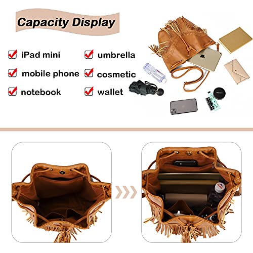 Leather Bucket Bags For Women Crossbody Purses With Drawstring Ladies Tassel Hobo And Shoulder Handbags Brown #TOP3
