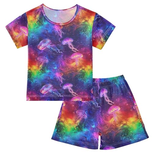 ALAZA Rainbow Jellyfish in The Galaxy Pajama Set Short Sleeve Sleepwear Soft Lounge Nightwear