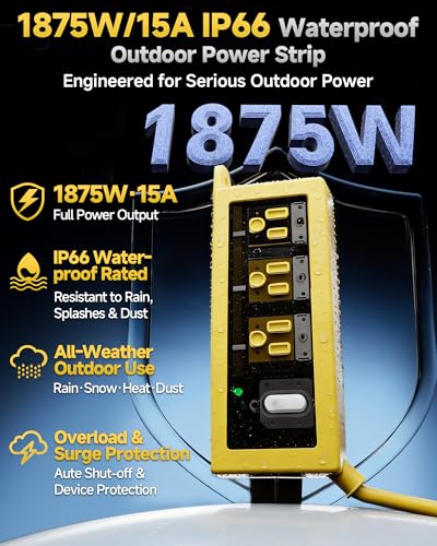 Image of Outdoor Extension Cord, 3 Wide Outlets, 1875W /15A, 10FT 14AWG Heavy Duty SJTW Power Strip with Surge Protector, All-Weather & IP66 Fully Waterproof, Ideal for Patio, Garden, Pool, RV, Yellow