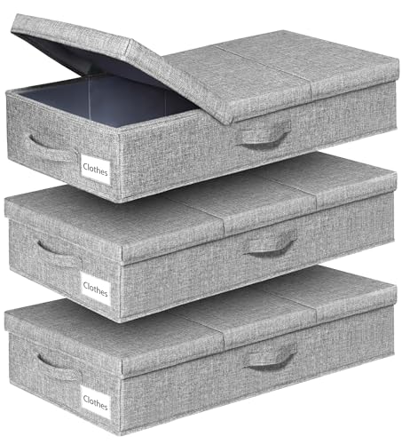 Image of punemi Under Bed Storage Containers, 3 Pcs Large Blanket Clothes Storage Bag, Long Flat Firm Sides Underbed Organization And Storage w/ 3 Handles & Lid For Comforter Toy Closet, 31.1*15.7*6 inch Tall