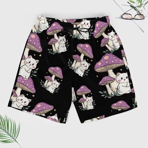 White Cat Mushrooms Beach Shorts for Men Swim Trunks Quick Dry Swim Shorts with Compression Liner Pocket3