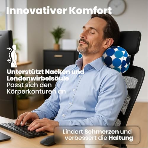 COVERBAGBCN - Rundes Relax Anti-Stress-Kissen | Entlastung für die Halswirbelsäule | Füllung mit kleinen Komfortperlen | Lycra-Stoff, weich im Griff | Maschinenwaschbar | 35x15 cm (Blaue Punkte).