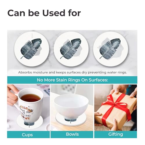Image of The Better Home Diatomite Coaster Set of 6 with Cork Steel Holder (Dia - 10cm, Thick - 8mm) | Tea Coaster |Cups /Coffee Mugs /Glasses Coaster Set | Dining Table Accessories for Home (Leaf Print)